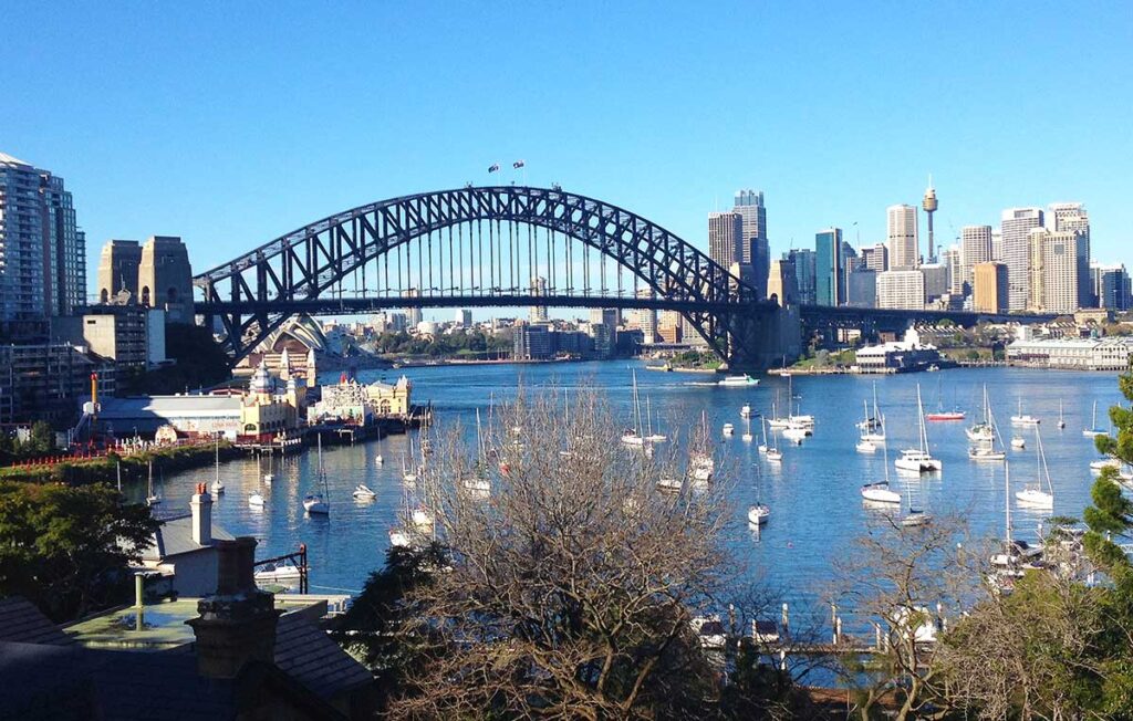 sydney harbour bridge with sailing boats and opera house in the background